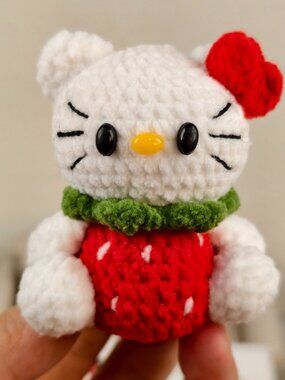 Handmade Amigurumi Crochet Hello Kitty With a Strawberry Belly Plushie